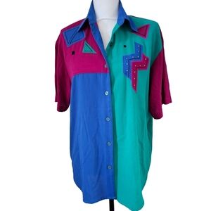 Vintage 80s 90s Color Block Funky Women’s Short Sleeve Button-Up Shirt